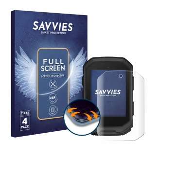 Vorderseite einer Produktverpackung mit dem Markenlogo Savvies. Daneben ist das Gerät Garmin Edge MTB mit dem zugehörigen Disp