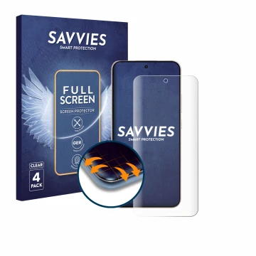 Vorderseite einer Produktverpackung mit dem Markenlogo Savvies. Daneben ist das Gerät Oppo Reno 14 F mit dem zugehörigen Displ