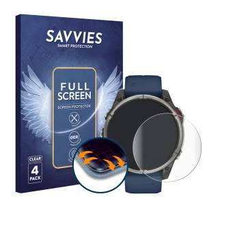 Vorderseite einer Produktverpackung mit dem Markenlogo Savvies. Daneben ist das Gerät Garmin quatix 8 (47 mm) mit dem zugehöri