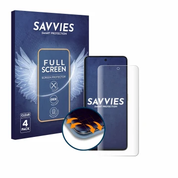 Vorderseite einer Produktverpackung mit dem Markenlogo Savvies. Daneben ist das Gerät realme P3 5G mit dem zugehörigen Display