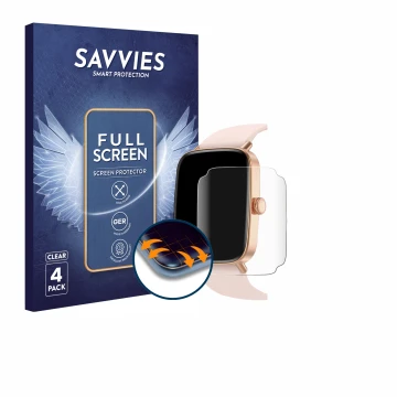 Vorderseite einer Produktverpackung mit dem Markenlogo Savvies. Daneben ist das Gerät Yoever Smartwatch 1.85