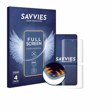 Vorderseite einer Produktverpackung mit dem Markenlogo Savvies. Daneben ist das Gerät Samsung Galaxy Z Flip 7 mit dem zugehöri