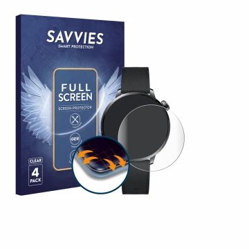 Vorderseite einer Produktverpackung mit dem Markenlogo Savvies. Daneben ist das Gerät OnePlus Watch 3 (43 mm) mit dem zugehöri