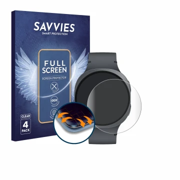 Vorderseite einer Produktverpackung mit dem Markenlogo Savvies. Daneben ist das Gerät Samsung Galaxy Watch 8 (44 mm) mit dem z