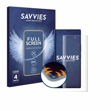 Vorderseite einer Produktverpackung mit dem Markenlogo Savvies. Daneben ist das Gerät Samsung Galaxy Z Fold 7 mit dem zugehöri