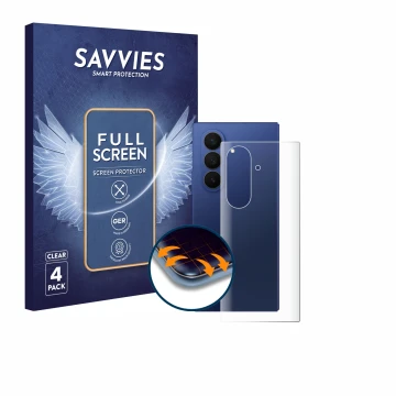 Vorderseite einer Produktverpackung mit dem Markenlogo Savvies. Daneben ist das Gerät Samsung Galaxy Z Fold 7 (Rückseite) mit 