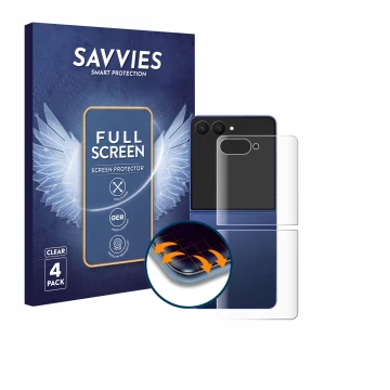 Vorderseite einer Produktverpackung mit dem Markenlogo Savvies. Daneben ist das Gerät Samsung Galaxy Z Flip 7 (Rückseite) mit 