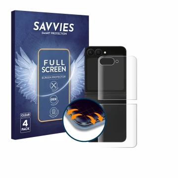 Vorderseite einer Produktverpackung mit dem Markenlogo Savvies. Daneben ist das Gerät Samsung Galaxy Z Flip 7 FE (Rückseite) m