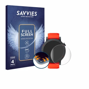 Vorderseite einer Produktverpackung mit dem Markenlogo Savvies. Daneben ist das Gerät Nothing CMF Watch 3 Pro mit dem zugehöri