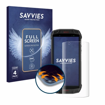 Vorderseite einer Produktverpackung mit dem Markenlogo Savvies. Daneben ist das Gerät Ulefone Armor 15 mit dem zugehörigen Dis