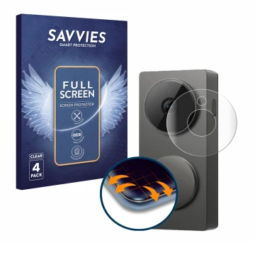 Vorderseite einer Produktverpackung mit dem Markenlogo Savvies. Daneben ist das Gerät Aqara Hub G410 mit dem zugehörigen Displ