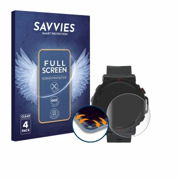Vorderseite einer Produktverpackung mit dem Markenlogo Savvies. Daneben ist das Gerät Crivit Sport-Smartwatch mit dem zugehöri
