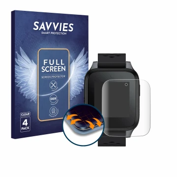 Vorderseite einer Produktverpackung mit dem Markenlogo Savvies. Daneben ist das Gerät TCL Family Watch MT46 mit dem zugehörige