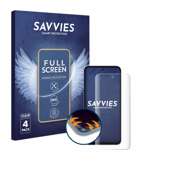 Vorderseite einer Produktverpackung mit dem Markenlogo Savvies. Daneben ist das Gerät Xiaomi Redmi 15 4G mit dem zugehörigen D