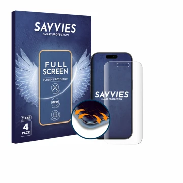 Vorderseite einer Produktverpackung mit dem Markenlogo Savvies. Daneben ist das Gerät Apple iPhone 17 Pro mit dem zugehörigen 