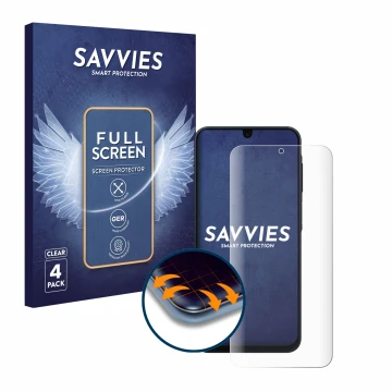 Vorderseite einer Produktverpackung mit dem Markenlogo Savvies. Daneben ist das Gerät Samsung Galaxy A17 4G mit dem zugehörige
