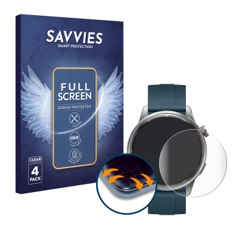 Vorderseite einer Produktverpackung mit dem Markenlogo Savvies. Daneben ist das Gerät realme Watch S2 mit dem zugehörigen Disp