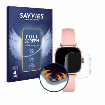 Vorderseite einer Produktverpackung mit dem Markenlogo Savvies. Daneben ist das Gerät KSIX Iria Smartwatch 1.7