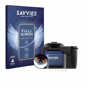 Vorderseite einer Produktverpackung mit dem Markenlogo Savvies. Daneben ist das Gerät Hasselblad X2D II 100C mit dem zugehörig