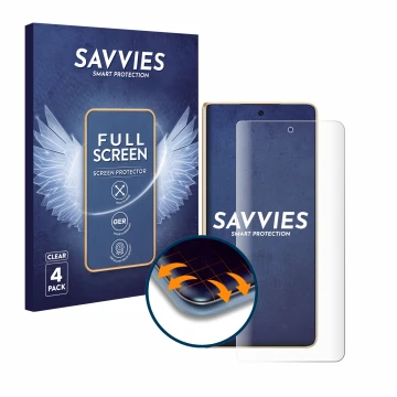 Vorderseite einer Produktverpackung mit dem Markenlogo Savvies. Daneben ist das Gerät Honor Magic V5 mit dem zugehörigen Displ