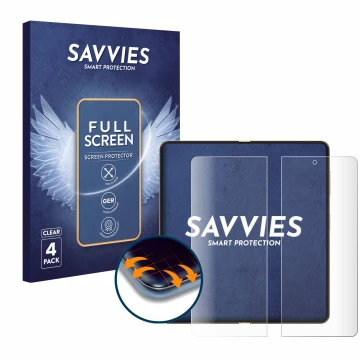 Vorderseite einer Produktverpackung mit dem Markenlogo Savvies. Daneben ist das Gerät Honor Magic V5 (Inneres Display) mit dem