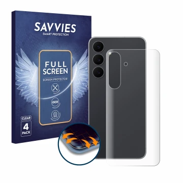 Vorderseite einer Produktverpackung mit dem Markenlogo Savvies. Daneben ist das Gerät Samsung Galaxy S25 FE (Rückseite) mit de
