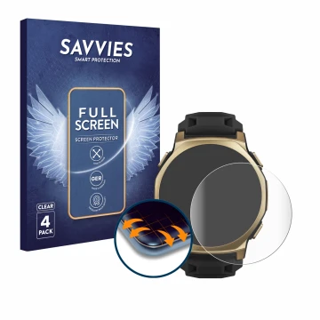 Vorderseite einer Produktverpackung mit dem Markenlogo Savvies. Daneben ist das Gerät Huami Amazfit T-Rex 3 Pro (44 mm) mit de