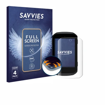 Vorderseite einer Produktverpackung mit dem Markenlogo Savvies. Daneben ist das Gerät Garmin Edge 550 mit dem zugehörigen Disp