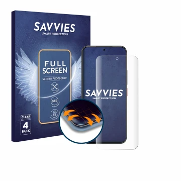 Vorderseite einer Produktverpackung mit dem Markenlogo Savvies. Daneben ist das Gerät Nubia Air mit dem zugehörigen Displaysch