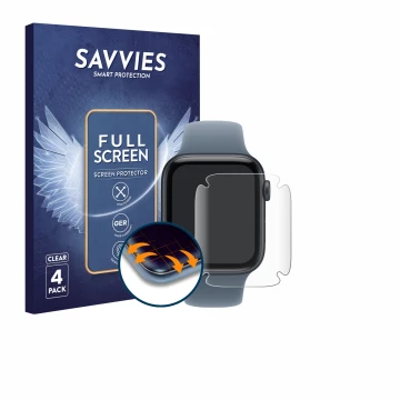 Vorderseite einer Produktverpackung mit dem Markenlogo Savvies. Daneben ist das Gerät Apple Watch SE 3 (44 mm) mit dem zugehör