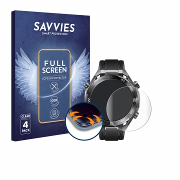 Vorderseite einer Produktverpackung mit dem Markenlogo Savvies. Daneben ist das Gerät Huawei Watch Ultimate 2 Black mit dem zu