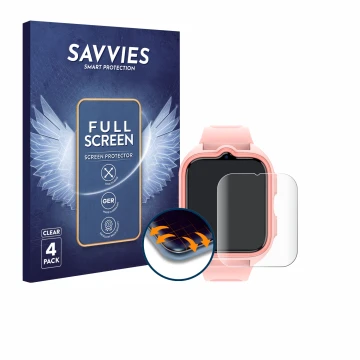 Vorderseite einer Produktverpackung mit dem Markenlogo Savvies. Daneben ist das Gerät Blackview Z30 Kids Smartwatch mit dem zu