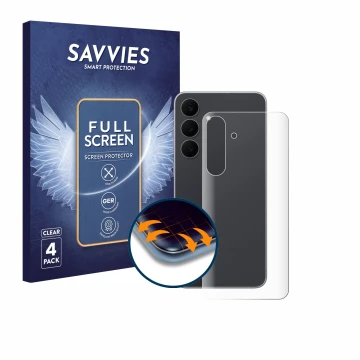 Vorderseite einer Produktverpackung mit dem Markenlogo Savvies. Daneben ist das Gerät Samsung Galaxy S25 FE Enterprise Edition