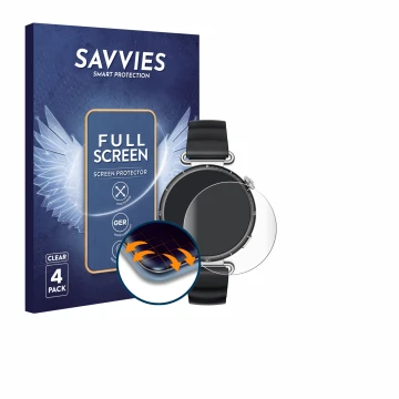 Vorderseite einer Produktverpackung mit dem Markenlogo Savvies. Daneben ist das Gerät Huawei Watch GT 6 (41 mm) mit dem zugehö