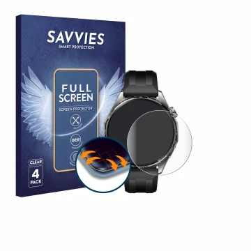 Vorderseite einer Produktverpackung mit dem Markenlogo Savvies. Daneben ist das Gerät Huawei Watch GT 6 (46 mm) mit dem zugehö