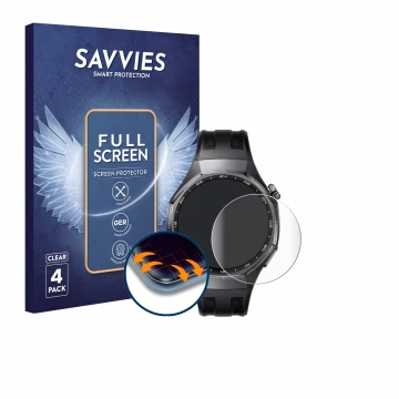 Vorderseite einer Produktverpackung mit dem Markenlogo Savvies. Daneben ist das Gerät Huawei Watch GT 6 Pro (46 mm) mit dem zu