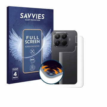 Vorderseite einer Produktverpackung mit dem Markenlogo Savvies. Daneben ist das Gerät Xiaomi 15T Pro (Rückseite) mit dem zugeh