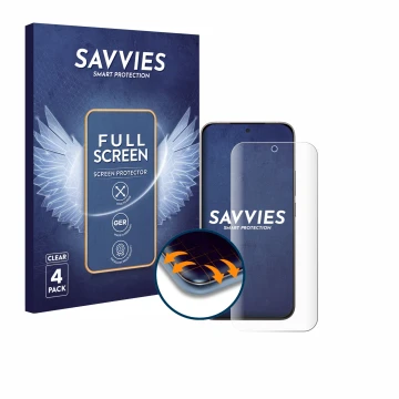 Vorderseite einer Produktverpackung mit dem Markenlogo Savvies. Daneben ist das Gerät Xiaomi 17 mit dem zugehörigen Displaysch