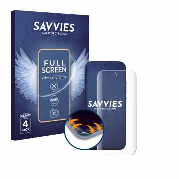 Vorderseite einer Produktverpackung mit dem Markenlogo Savvies. Daneben ist das Gerät Xiaomi 17 Pro mit dem zugehörigen Displa