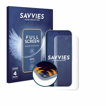 Vorderseite einer Produktverpackung mit dem Markenlogo Savvies. Daneben ist das Gerät Google Pixel 9 (case-friendly) mit dem z