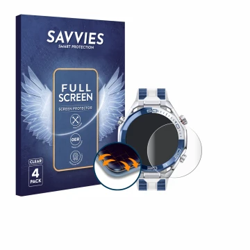 Vorderseite einer Produktverpackung mit dem Markenlogo Savvies. Daneben ist das Gerät Huawei Watch Ultimate 2 Blue mit dem zug