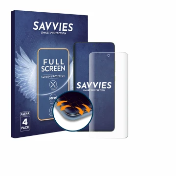 Vorderseite einer Produktverpackung mit dem Markenlogo Savvies. Daneben ist das Gerät Motorola Edge 70 mit dem zugehörigen Dis
