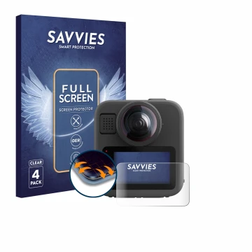Vorderseite einer Produktverpackung mit dem Markenlogo Savvies. Daneben ist das Gerät GoPro Max 2 mit dem zugehörigen Displays