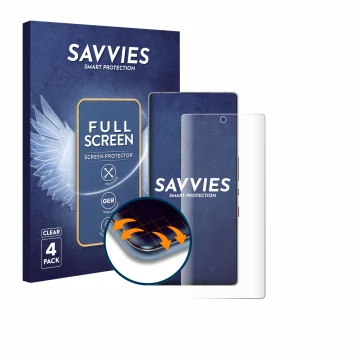 Vorderseite einer Produktverpackung mit dem Markenlogo Savvies. Daneben ist das Gerät ZTE Nubia Red Magic 11 Pro mit dem zugeh