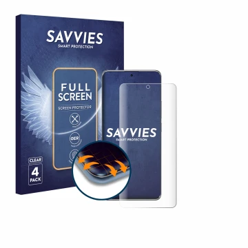 Vorderseite einer Produktverpackung mit dem Markenlogo Savvies. Daneben ist das Gerät Xiaomi Redmi Note 14 Pro Plus 5G mit dem