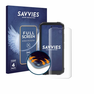Vorderseite einer Produktverpackung mit dem Markenlogo Savvies. Daneben ist das Gerät Cubot King Kong Mini 4 mit dem zugehörig