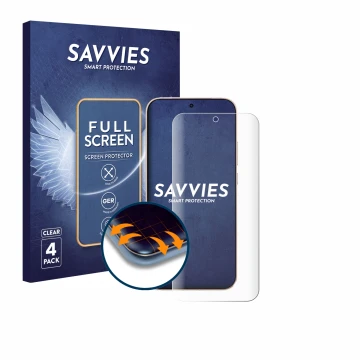 Vorderseite einer Produktverpackung mit dem Markenlogo Savvies. Daneben ist das Gerät Oppo Reno 15 Pro mit dem zugehörigen Dis