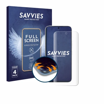 Vorderseite einer Produktverpackung mit dem Markenlogo Savvies. Daneben ist das Gerät Honor 500 mit dem zugehörigen Displaysch