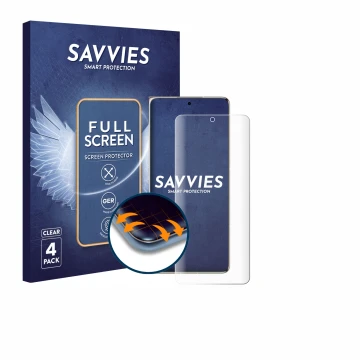 Vorderseite einer Produktverpackung mit dem Markenlogo Savvies. Daneben ist das Gerät Huawei Mate X7 mit dem zugehörigen Displ