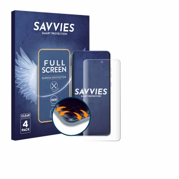 Vorderseite einer Produktverpackung mit dem Markenlogo Savvies. Daneben ist das Gerät Motorola Edge 60 Stylus mit dem zugehöri